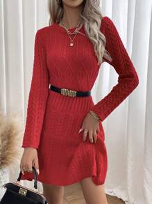 SHEIN LUNE 麻花編織毛衣洋裝不附腰帶 - 紅色 - 查看 4