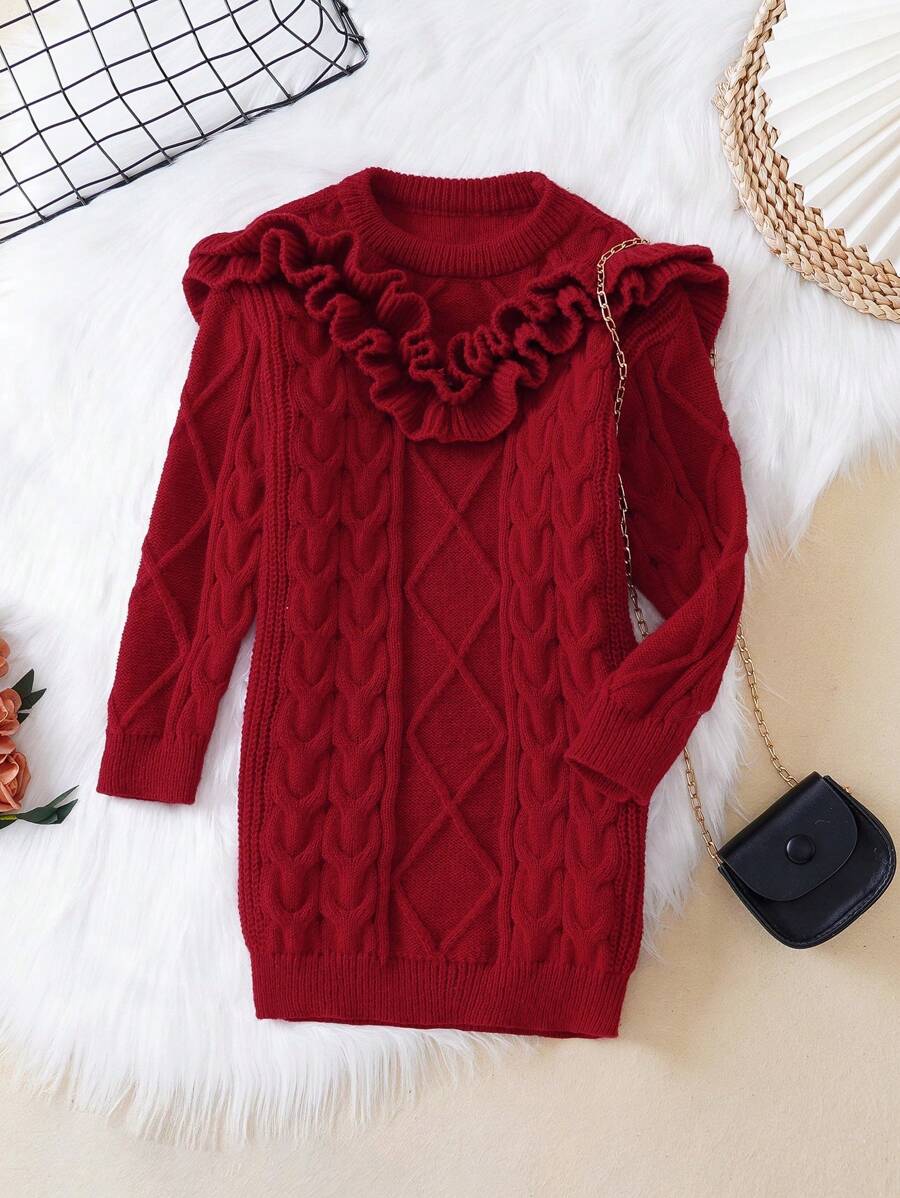 SHEIN Chica Joven Vestido de punto ribete con fruncido tejido de cable - Rojo - Ver 1