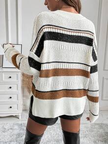 SHEIN LUNE Áo len chui đầu dáng suông, xẻ tà, họa tiết sọc, thích hợp cho mùa thu đông. - Nhiều màu - Xem 2