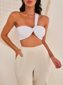 SHEIN 單肩前扭結短款上衣 - 白色 - 查看 5