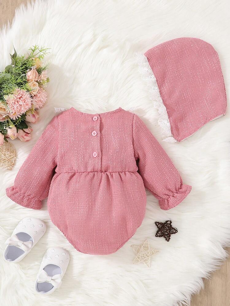 Baby Girl Contrast Lace Flounce Sleeve Bodysuit & Hat