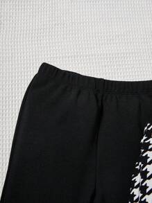 SHEIN Leap Crew 女大童2入組素色&千鳥格印花彈性腰帶喇叭褲 - 黑與白 - 查看 3