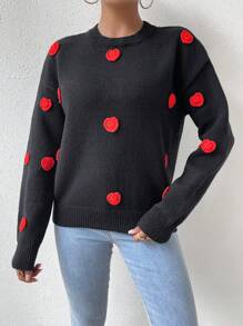 SHEIN LUNE Suéter de punto con caída de hombros y aplicaciones de corazón para otoño e invierno - Negro - Ver 3