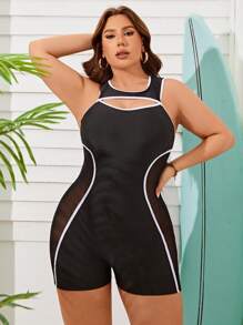 SHEIN Swim Curve Talla grande Bañador una pieza unido en contraste con abertura - Blanco y Negro - Ver 1