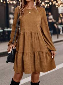 EMERY ROSE Vestido smock unicolor bajo con fruncido - Caqui - Ver 6