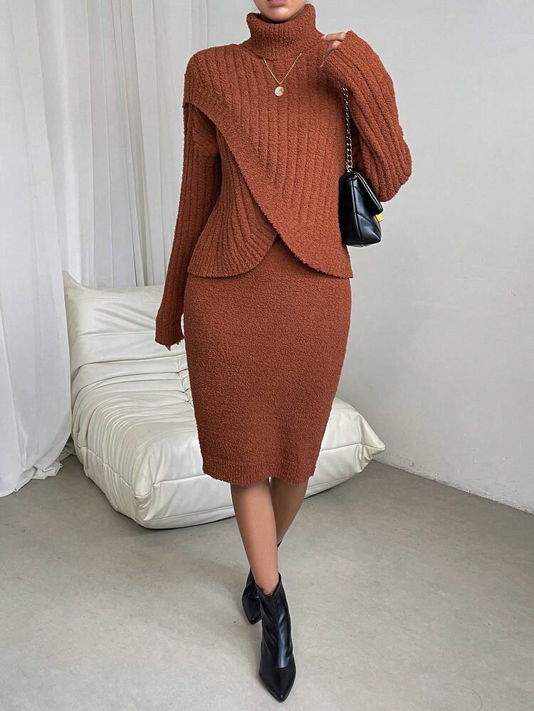 Turtleneck Drop Shoulder Sweater & Ribbed Knit Dress Fall Cloth For Women