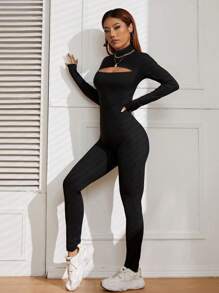 INAWLY Cut Out Front Mock Neck Unitard Jumpsuit - Black - View 6