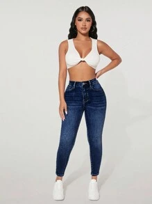 SHEIN PETITE 女款加厚丹寧牛仔褲，適合嬌小女性 - 寶藍色 - 查看 4