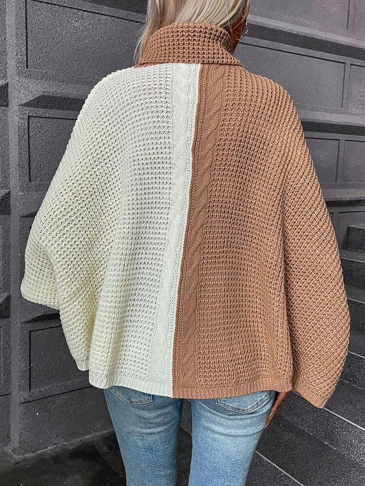 Two Tone Cowl Neck Batwing Sleeve Knit Pullover Fall Winter Sweater