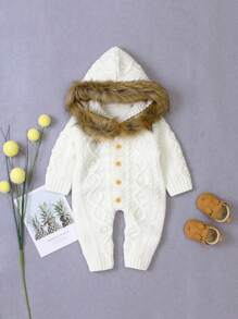 Baby Girls' Hooded Sweater Jumpsuit With Collar