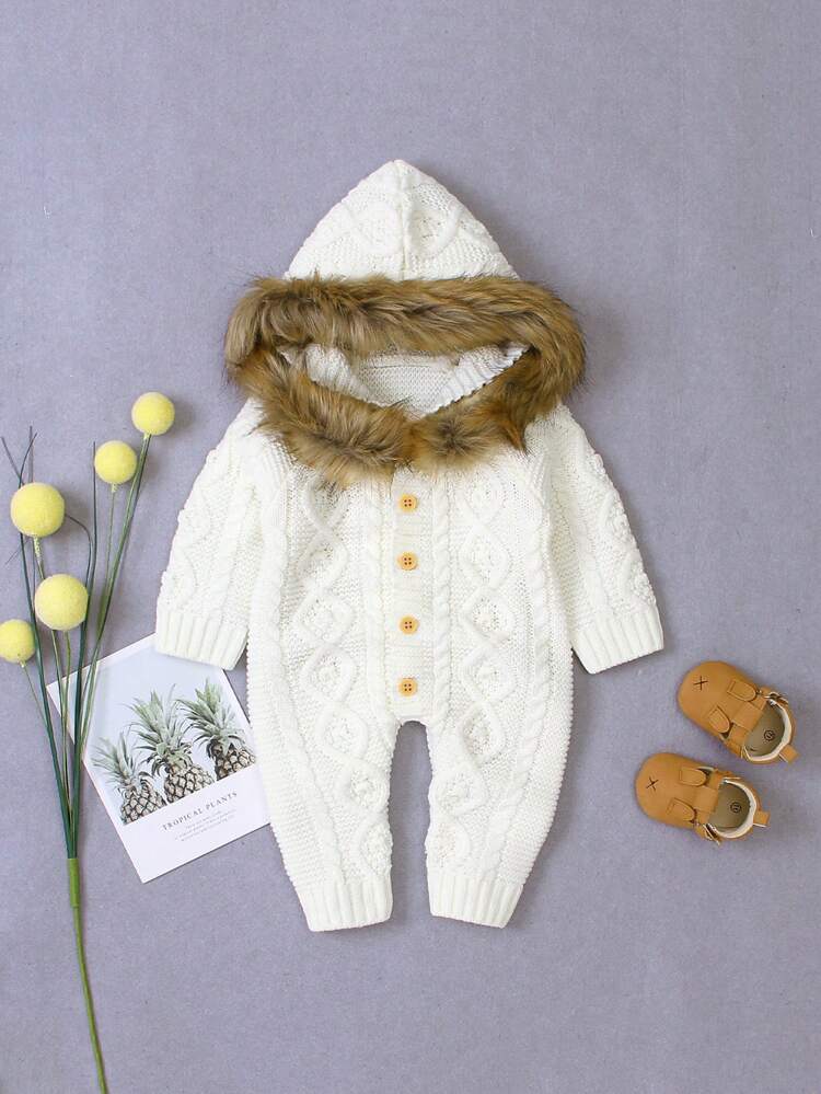 Baby Girls' Hooded Sweater Jumpsuit With Collar