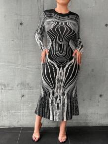 SHEIN ICON 大碼滿版印花魚尾裙下擺洋裝 - 彩色 - 查看 5