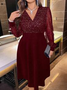 Plus Contrast Sequin Surplice Neck Lantern Sleeve Dress, For Thanksgiving
