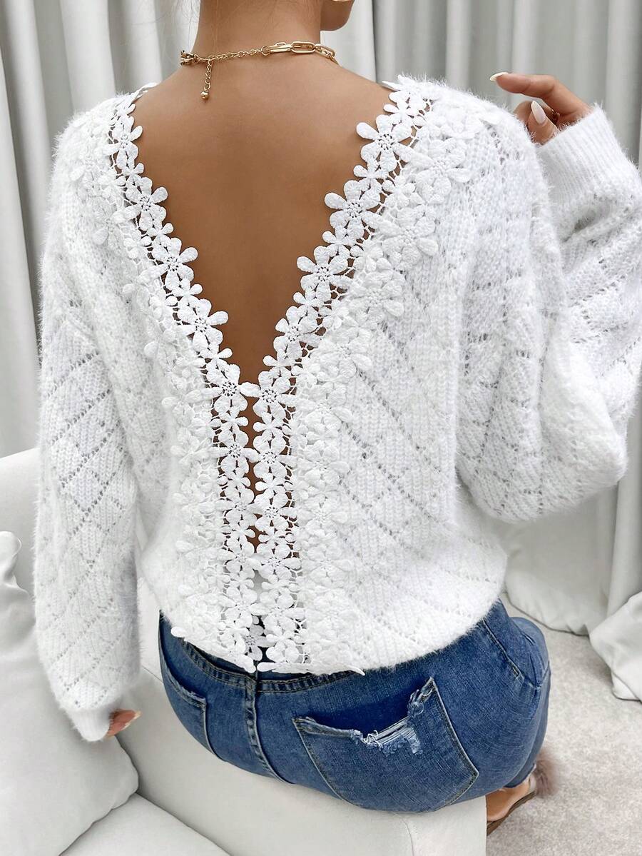 SHEIN Privé Guipure Lace Back Drop Shoulder Sweater - White - View 1