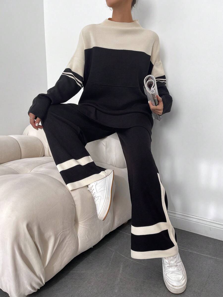 EURMUSE Two Tone Drop Shoulder Sweater & Knit Pants - Black and White - View 1