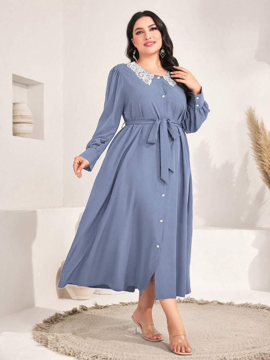 Mulvari Plus Guipure Lace Belted Shirt Dress - Blue - View 1