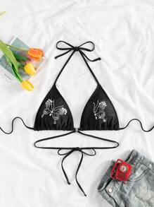 Black Halter Thin Strap Bikini Top With Rhinestones - Black - View 1
