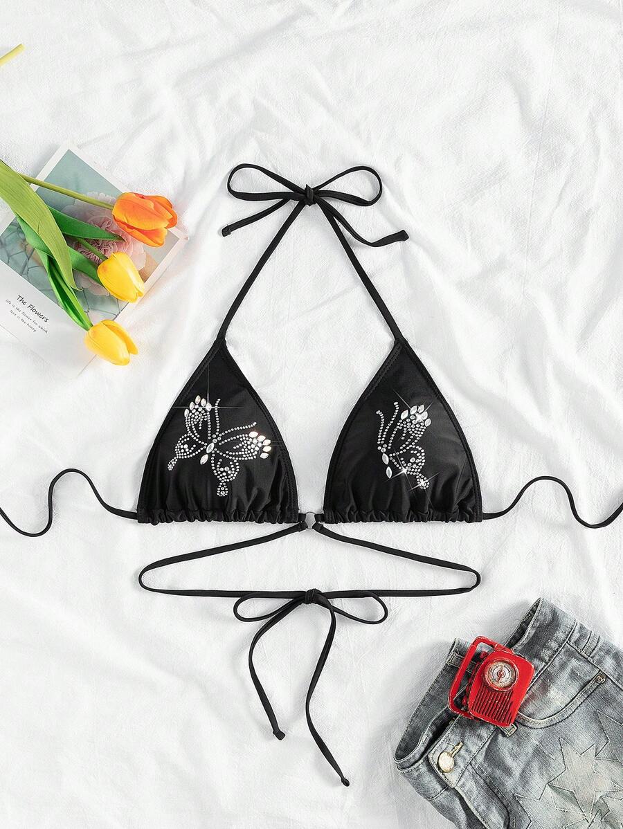 Black Halter Thin Strap Bikini Top With Rhinestones - Black - View 1