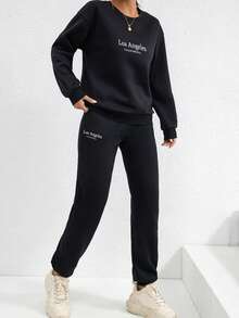 SHEIN EZwear Của phụ nữ Lá thư In Áo nỉ Và Quần thể thao Hai chiếc Bộ - màu đen - Xem 5
