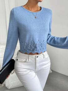 SHEIN LUNE Áo len chui đầu dáng ngắn, chất liệu dệt kim Pointelle trơn, viền ren, thích hợp cho mùa thu đông. - Màu be - Xem 4