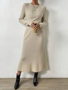 SHEIN Frenchy 交叉毛衣和針織裙 - 杏色 - 查看 5