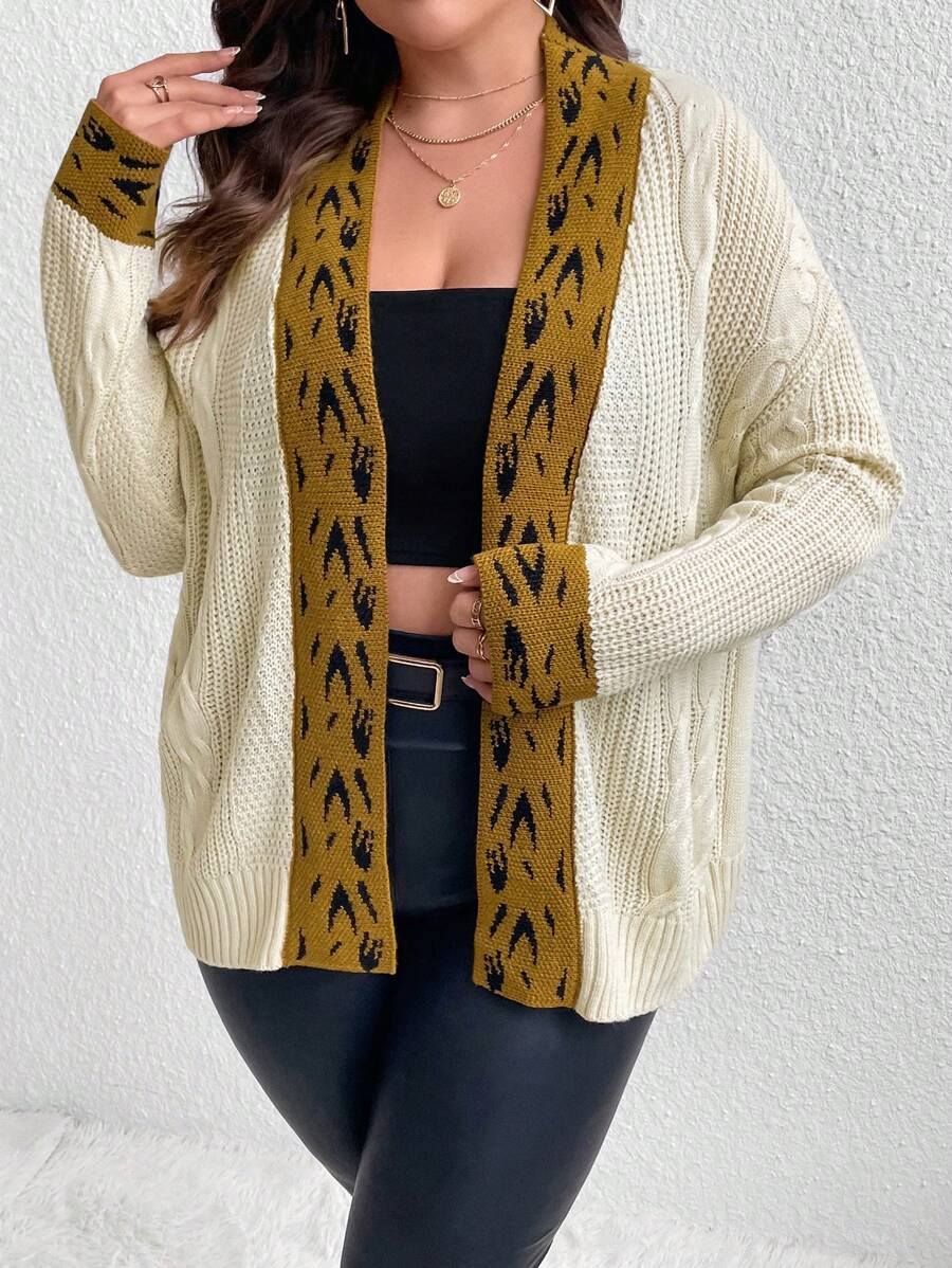 SHEIN Unity Plus Graphic Pattern Colorblock Drop Shoulder Duster Cardigan - Beige - View 1