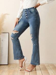 SHEIN LUNE Button Fly Ripped Flare Leg Jeans