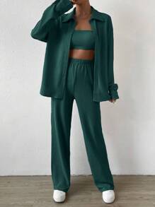 SHEIN EZwear Top bandeau unicolor con pantalones & Camisa de hombros caídos con botón delantero - Verde Oscuro - Ver 1