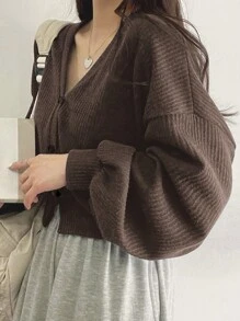 DAZY 1入組素色前紐扣落肩袖條紋針織T恤 - 咖啡棕 - 查看 4