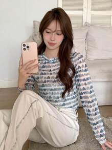 DAZY Của phụ nữ Hình trái tim In Lưới mỏng Áo - Màu xanh lam - Xem 2