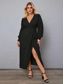 RueChic Plus Solid Wrap Hem Dress - Black - View 4