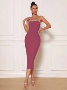 Modphy Rhinestone Detail Tube Bodycon Dress - Burgundy - View 4