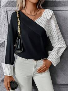SHEIN Privé 條紋印花不對稱領落肩袖襯衫 - 黑色 - 查看 1
