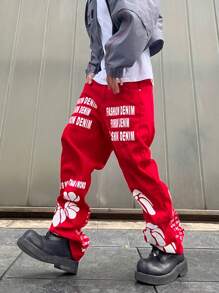 Manfinity EMRG Men Slogan Graphic Straight Leg Jeans - Red - View 3