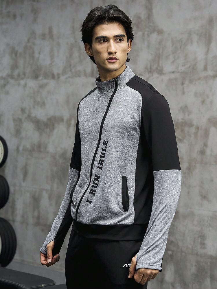 Boyfriend Style Men Letter Graphic Zip Up Contrast Raglan Sleeve Sports Jacket Workout Tops Sports Jacket