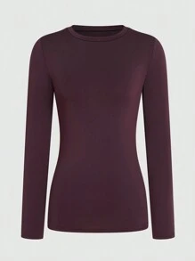 INAWLY Solid Round Neck Tee Fall Cloth For Women - Brown - View 3