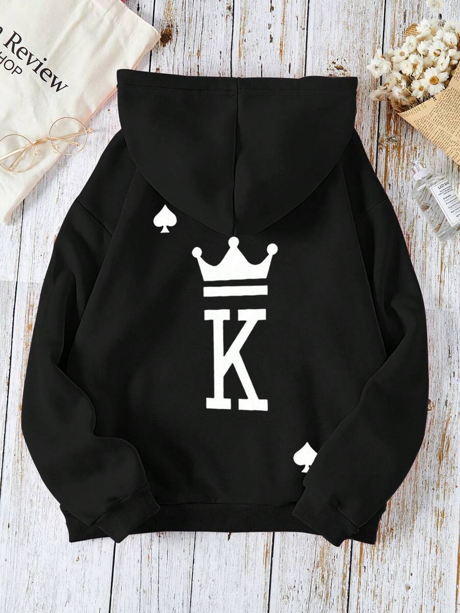 SHEIN EZwear Áo nỉ cỡ lớn in hình vương miện và chữ, có túi kangaroo, dây rút. - màu đen - Xem 1