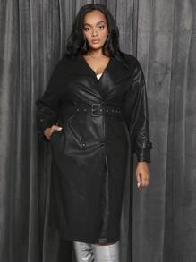 SHEIN X GiudiceGirls Áo khoác da dáng dài cài nút hai bên có khóa cài cho mùa thu/đông - màu đen - Xem 3