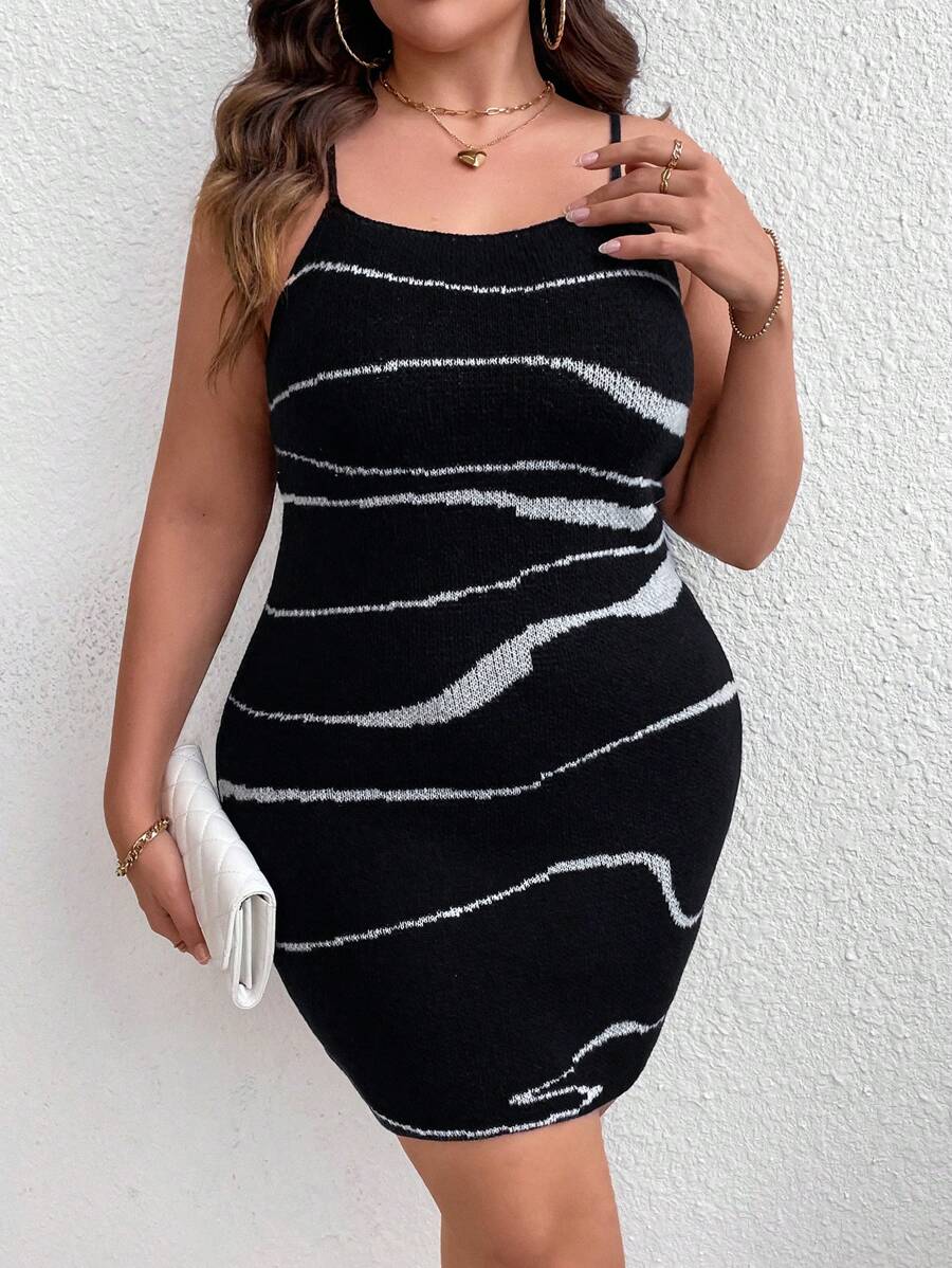 SHEIN Unity Plus Graphic Pattern Cami Knit Dress - Black and White - View 1