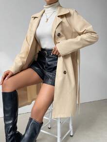 SHEIN Privé Cổ áo Thắt lưng Áo khoác Trench - Màu be - Xem 4