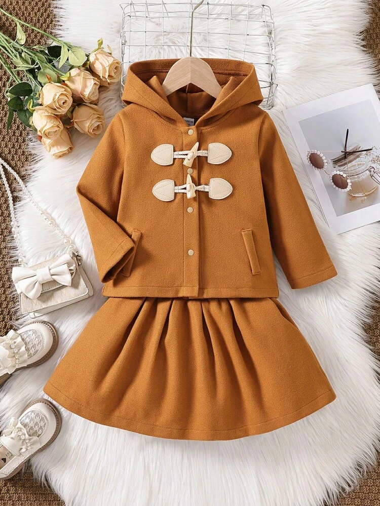 Young Girl Duffle Placket Hooded Coat & Skirt