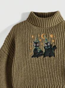Libbyframe Cartoon Embroidered Oversized Pullover Sweater, School