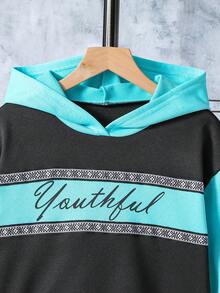 SHEIN Tween Boy Letter Graphic Colorblock Kangaroo Pocket Hoodie & Sweatpants - Multicolor - View 5