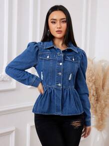 SHEIN Privé Cazadora mezclilla desgarro con diseño de solapa peplum