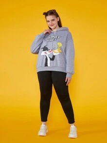 LOONEY TUNES X SHEIN 卡通和字母圖形飛肩連帽衛衣（大尺碼） - 灰色 - 查看 7