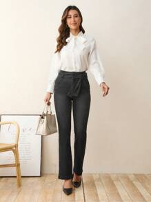 High Waist Belted Flare Leg Jeans - Black - View 5