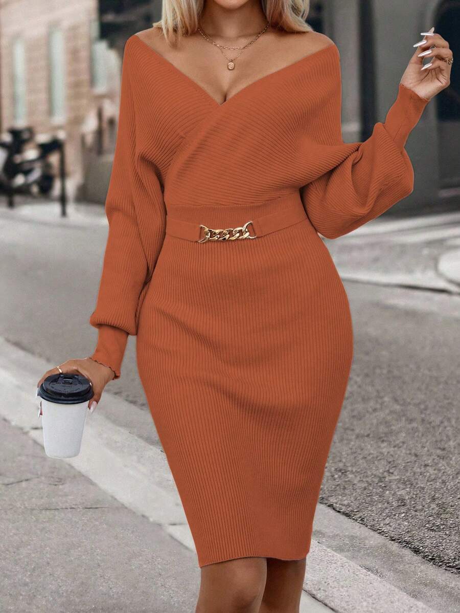 SHEIN Clasi Surplice cổ tay cánh Đầm Áo len Không có thắt lưng - Gỗ đỏ - Xem 1