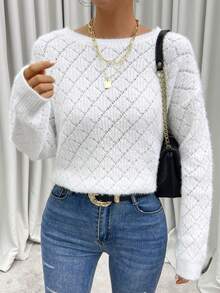 SHEIN Privé Guipure Lace Back Drop Shoulder Sweater - White - View 2