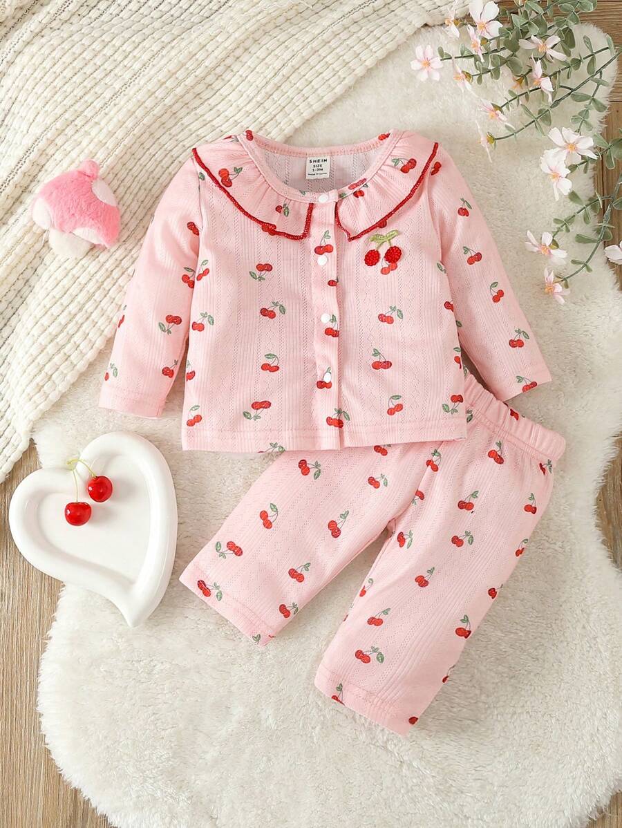 SHEIN 女嬰櫻桃圖案荷葉邊睡衣套裝 - 粉色 - 查看 1