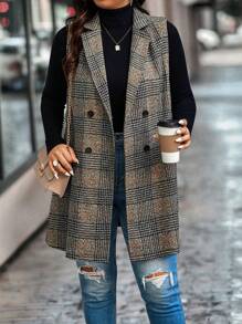 Calvaya Plus Plaid Double Breasted Vest Blazer Graduation,Back To School,Teacher Outfits For Women Winter Fall Autumn - Brown - View 4